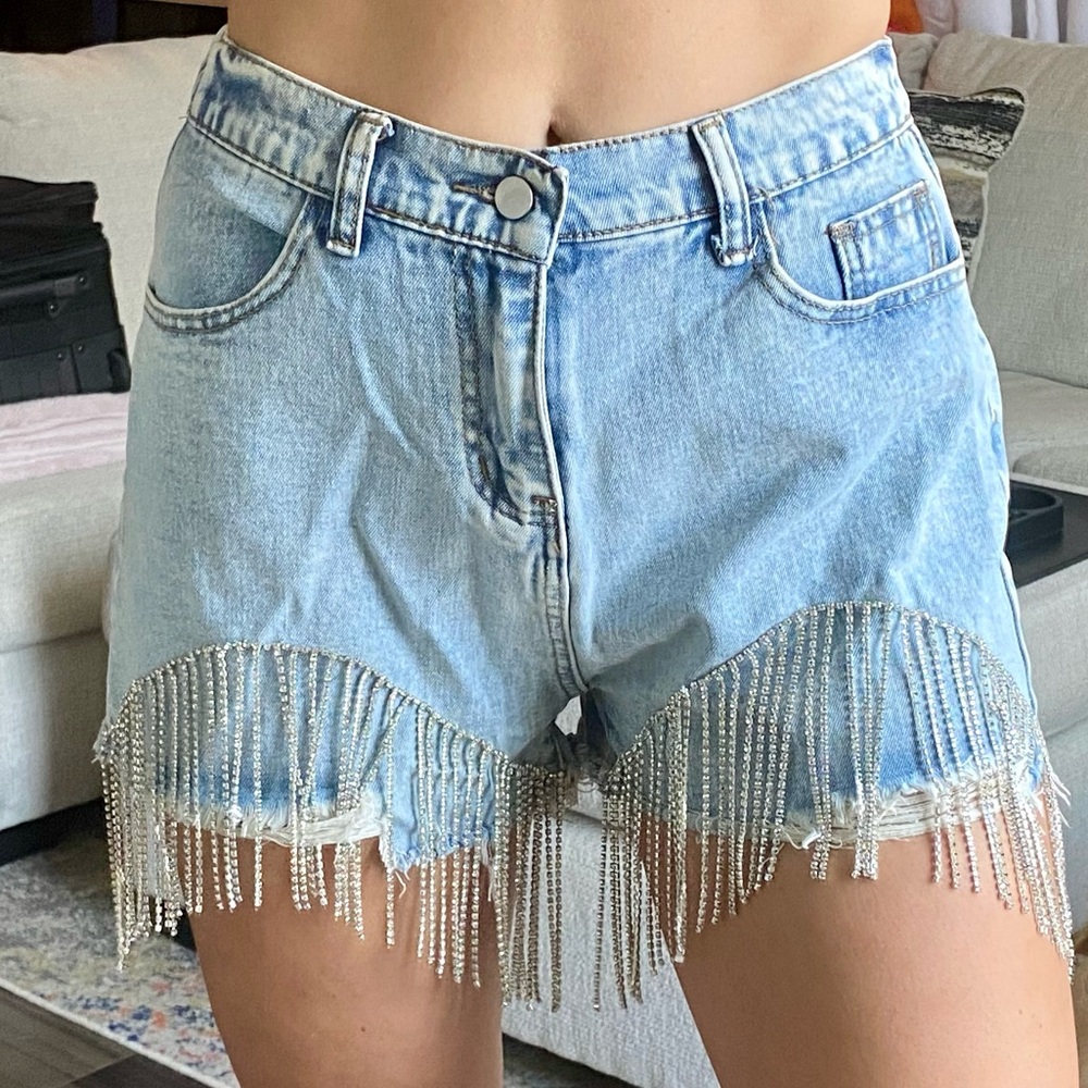 Savanna Jane denim shorts with rhinestone fringe